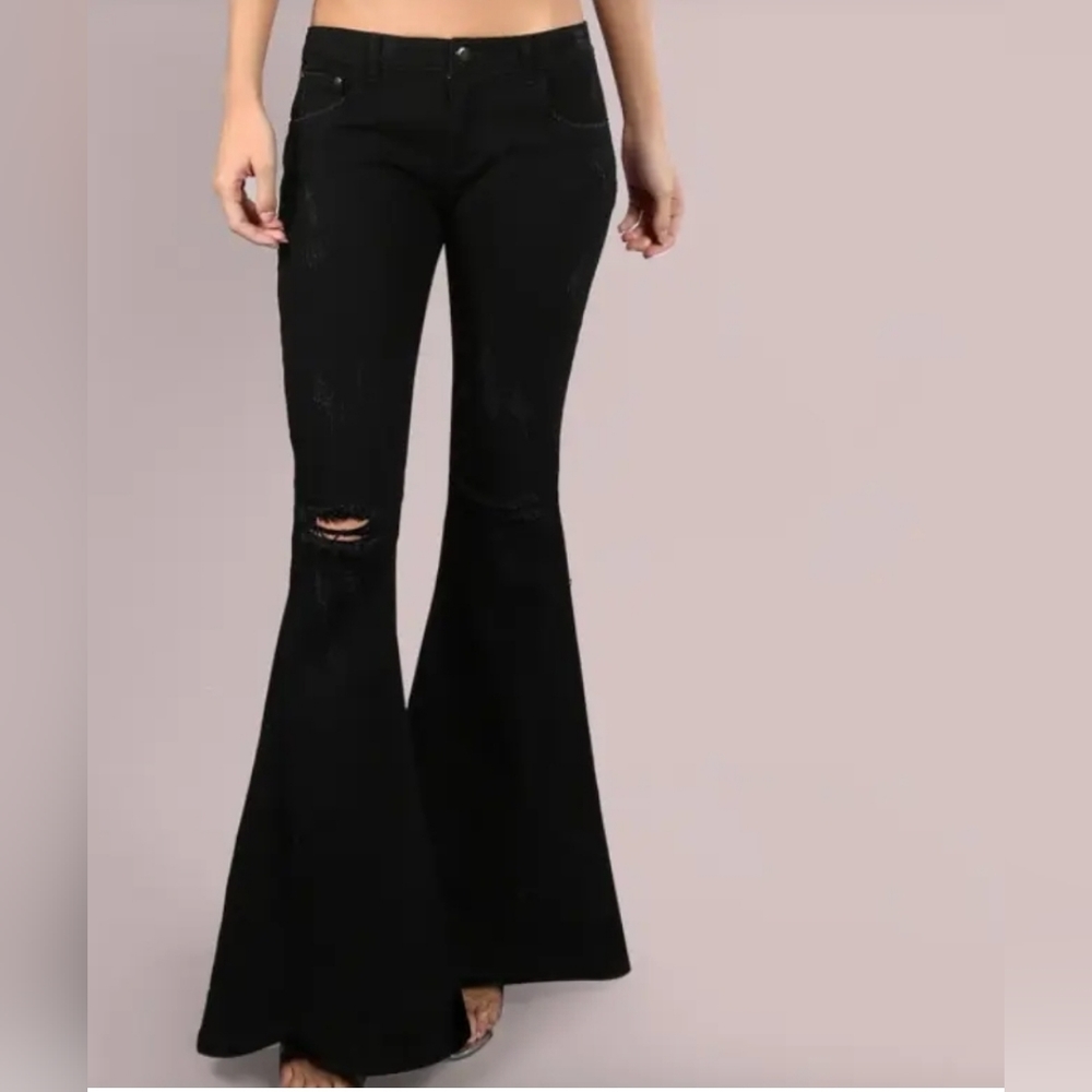 *ECRU LAB BLACK DISTRESSED SUPER FLARE LEG JEAN SZ M* - Picture 4 of 9